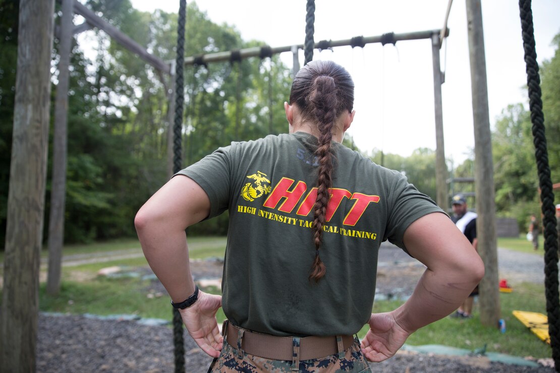 A U.S. Marine prepares to climb a rope during the High Intensity Tactical Training Tactical Athlete Championship at Marine Corps Base Quantico, Va., Sept. 10, 2019. Marines from all over the Marine Corps compete to become the Ultimate Tactical Champion by testing their speed, agility, power, strength and endurance during the HITT Tactical Athlete Championship.