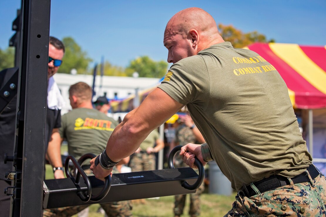 A U.S. Marine competes in the fourth challenge of the High Intensity Tactical Training Championship at Butler Stadium aboard Marine Corps Base Quantico, Va., Sep. 10, 2019. The fourth challenge consisted of going over the BeaverFit Assault Rig, and race through an obstacle course that has various sprints, crawls, tire flips, sled drags, farmer’s carries, and others totaling over six-hundred yards.