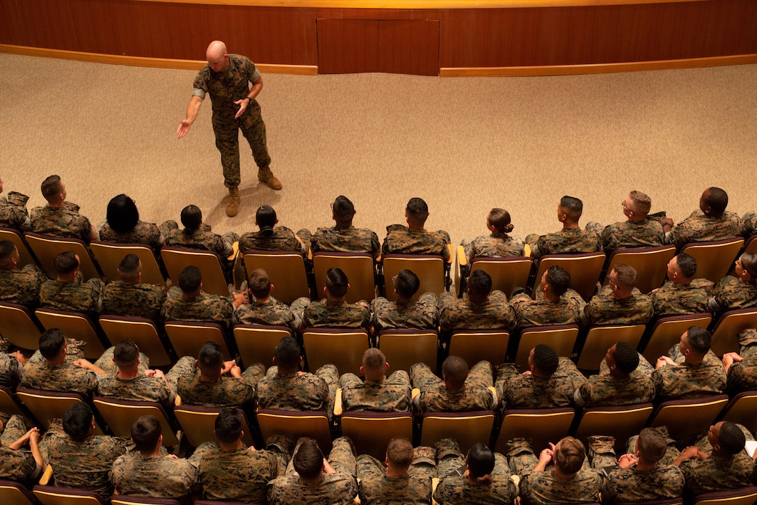 Sergeant Major of the Marine Corps Sgt. Maj. Troy E. Black speaks to Marines and Sailors with U.S. Marine Corps Forces Command (MARFORCOM) at a town hall Sept. 9, 2019, at Joint Forces Staff College on Naval Support Activity Hampton Roads, Norfolk, Virginia. Black visited MARFORCOM during a tour of Marine Corps installations to discuss the Commandant’s Planning Guidance and the future of warfare, and to answer Marines’ questions. (U.S. Marine Corps photo by Sgt. Jessika Braden/Released)