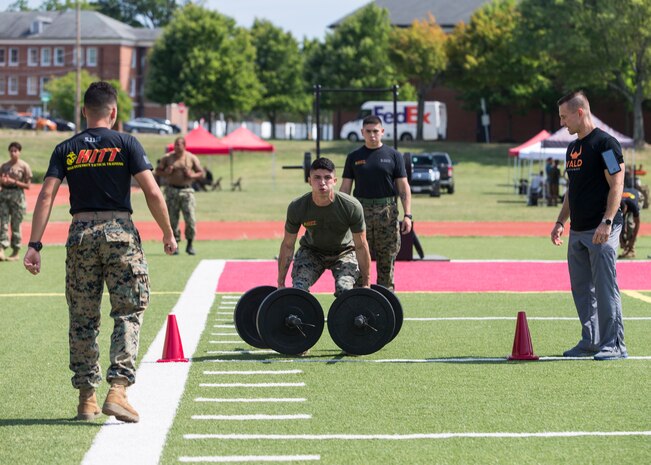A U.S. Marine competes in the fourth challenge of the High Intensity Tactical Training Championship at Butler Stadium aboard Marine Corps Base Quantico, Va., Sep. 10, 2019. The fourth challenge consisted of going over the BeaverFit Assault Rig, and race through an obstacle course that has various sprints, crawls, tire flips, sled drags, farmer’s carries, and others totaling over six-hundred yards.