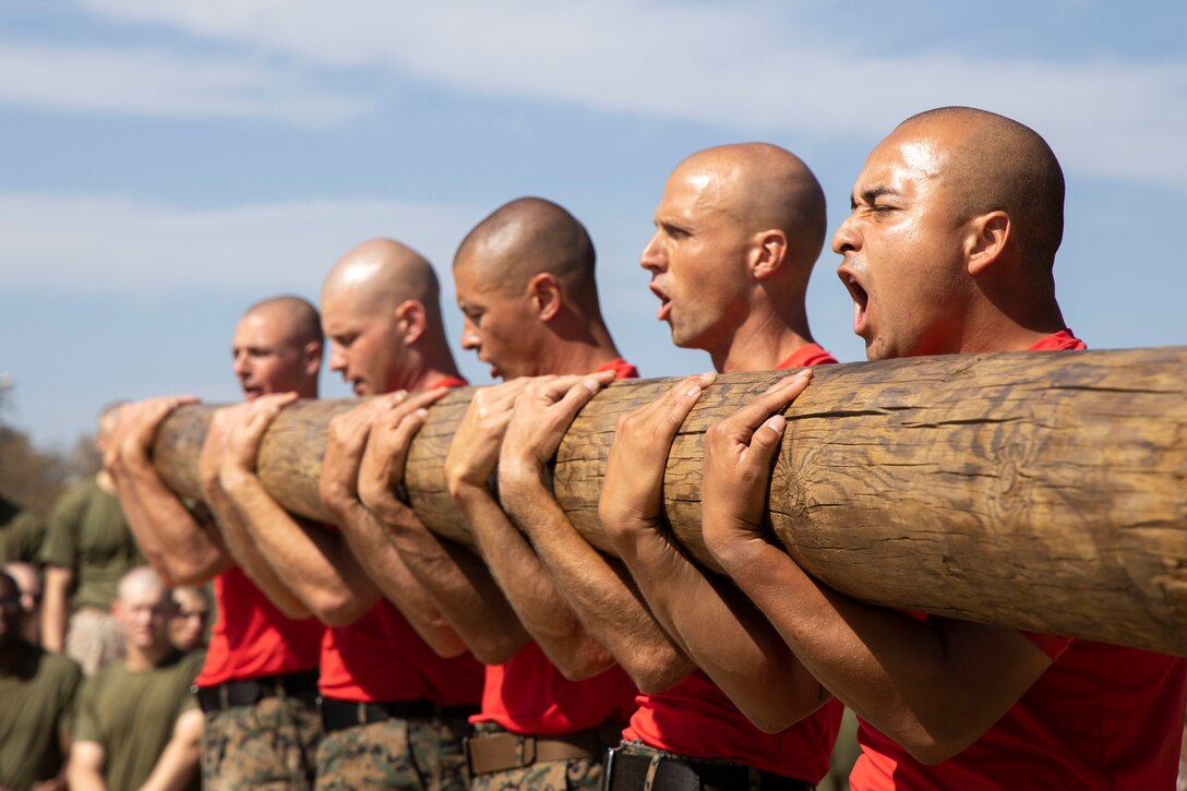 Five Marines stand in a row as they carry a log.