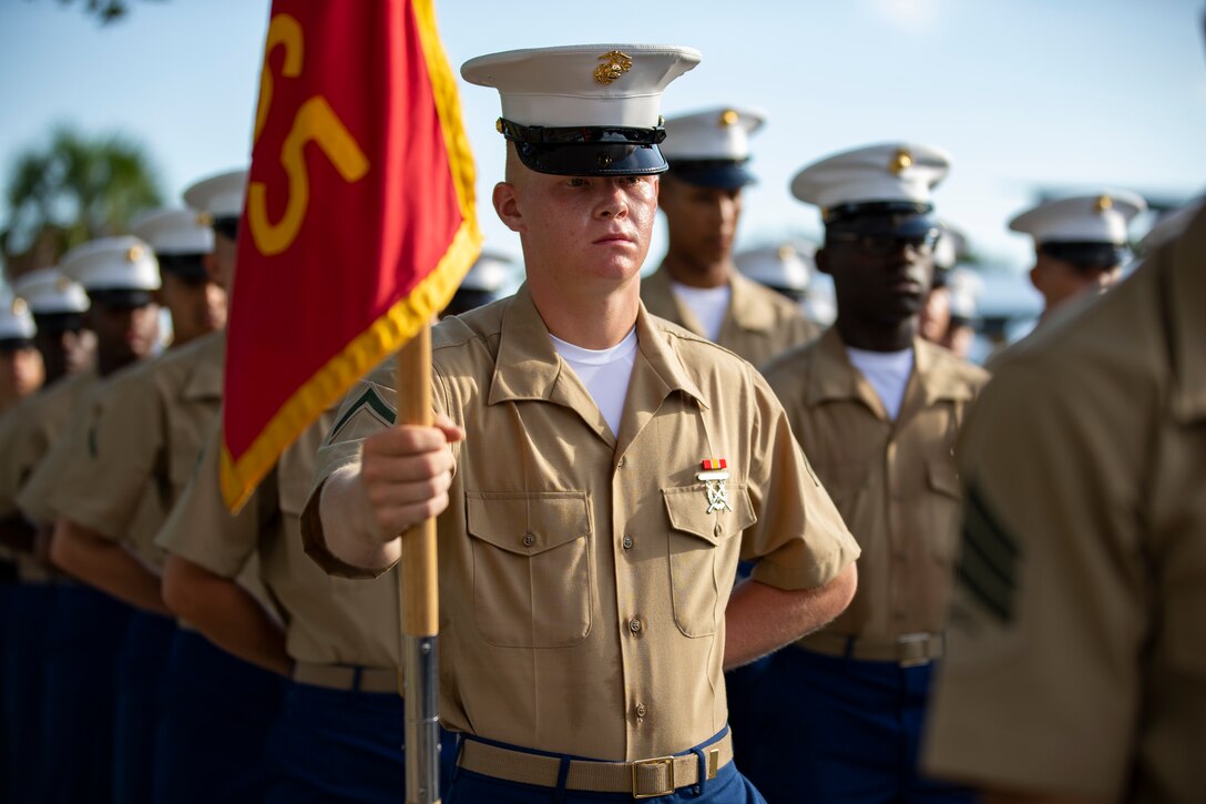 A native of Saluda, South Carolina, graduated from Marine Corps recruit training as the company honor graduate of Company L, 3rd Recruit Training Battalion, Sept. 13, 2019.

Pfc. James F. Therrell earned this distinction over 13 weeks of training by outperforming 521 other recruits during a series of training events designed to test recruits’ basic Marine Corps skills.
These training events covered customs and courtesies, drill and ceremonies, marksmanship, physical fitness, military history, and a variety of other subjects.
“I’ve enjoyed the moments when the platoon has the opportunity to sit down and have core value discussions with our Senior Drill Instructor,” said Therrell.
After enjoying the 10 days of leave allotted to graduates of recruit training, Therrell will continue to build foundational Marine Corps skills at the School of Infantry, Camp Geiger, North Carolina.