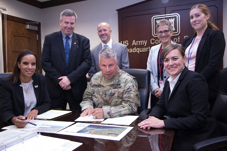 Lt. Gen. Todd T. Semonite, USACE Commanding General and 54th U.S. Army Chief of Engineers, signed the recommended plan to support efforts to improve, preserve and sustain ecological resources along the Texas coast Sept. 12, 2019. The signing of the Jefferson County Ecosystem Restoration Project Chief's Report progresses the project to Congress for authorization. (Photo by Philipp Tintner)