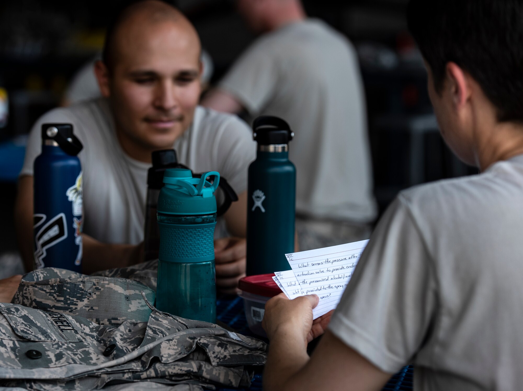 Airman 1st Class Giovanny Macias, left, and Airman 1st Class Laura Riggs, 362nd Training Squadron MQ-9 crew chief apprentice course students, study at Sheppard Air Force Base, Texas, Sept. 9, 2019. Macias and Riggs are studying for their last block test on Sept. 13, 2019. The students are happy that they finished the seven block course and are excited to move on from the training side of Sheppard into the operational Air Force. (U.S. Air Force photo by Airman 1st Class Pedro Tenorio)