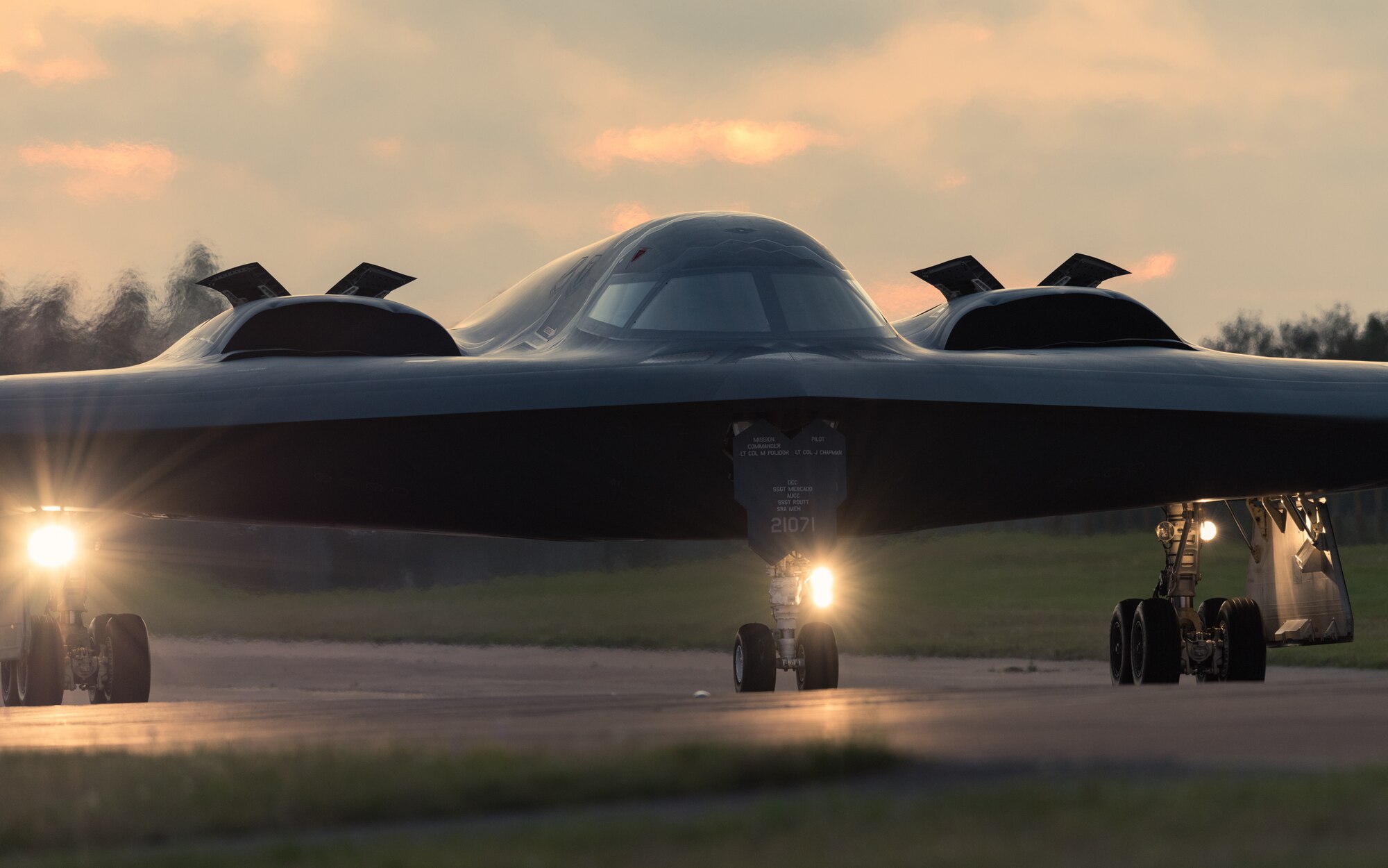 A B-2 Spirit Stealth Bomber taxis down a runway