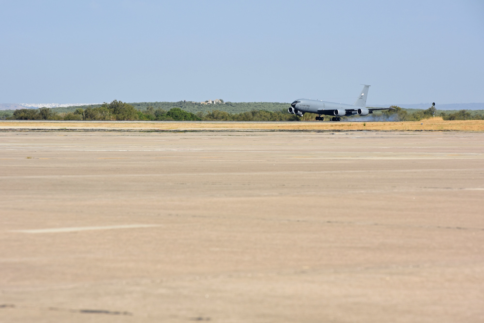 A Fairchild Air Force Base KC-135 Stratotanker touches down at Moron Air Base, Spain, Sept. 7, 2019. Team Fairchild deployed multiple air refueling assets to support Operation Juniper Micron, a French-led counterterrorism operation in Mali and North Africa. (U.S. Air Force photo by Staff Sgt. Nick J. Daniello)