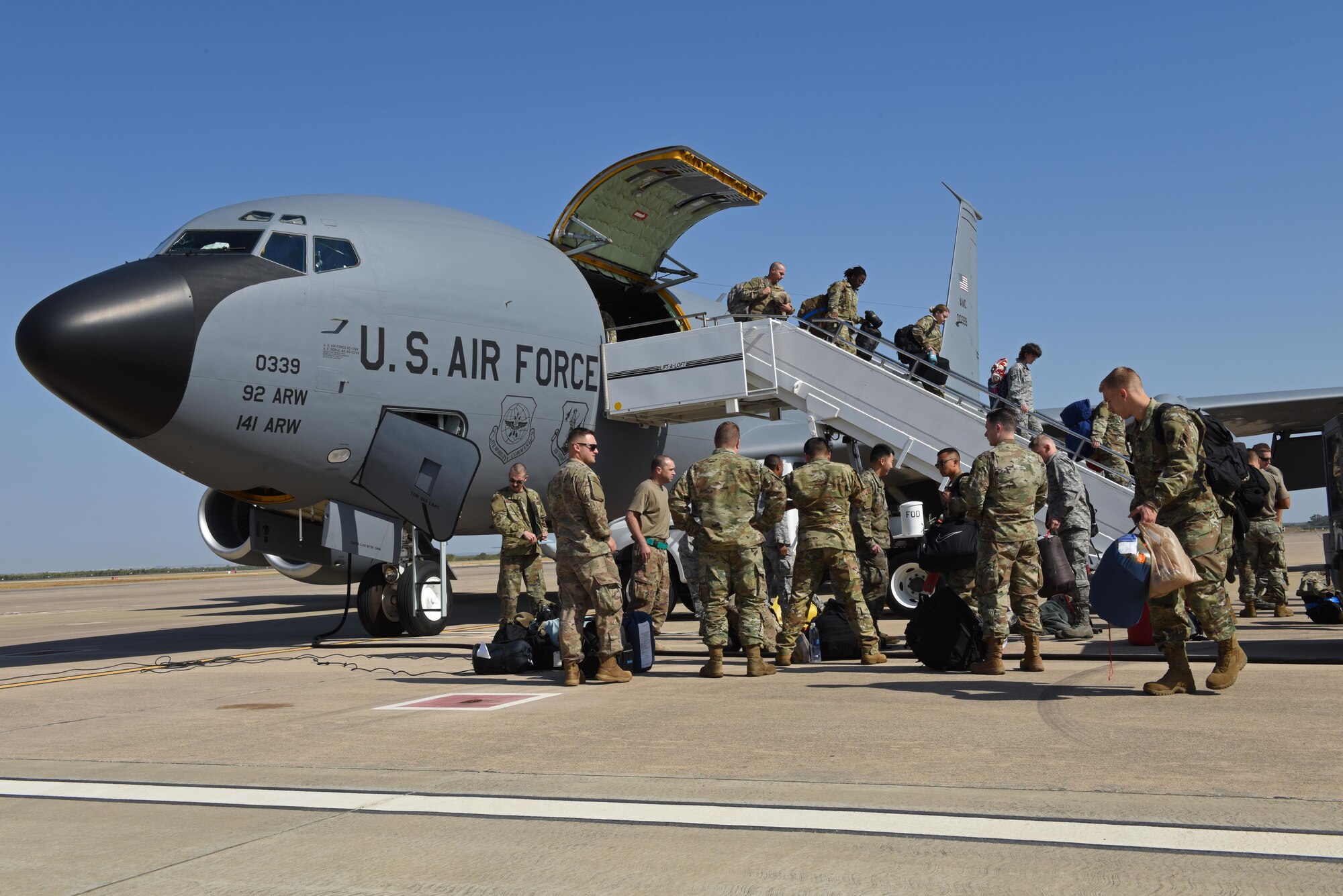 Fairchild Air Force Base Airmen unload cargo from a KC-135 Stratotanker at Moron Air Base, Spain, Sept. 7, 2019, in support of Operation Juniper Micron. OJM is an counterterrorism operation stemming from a long-standing relationship between the U.S. and French governments dating back to 2013. (U.S. Air Force photo by Staff Sgt. Nick J. Daniello)