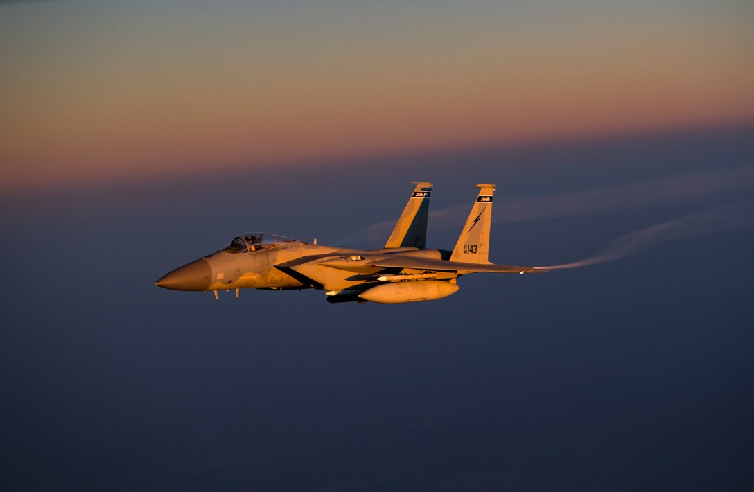 A U.S. Air Force F-15C Eagle conducts a combat air patrol