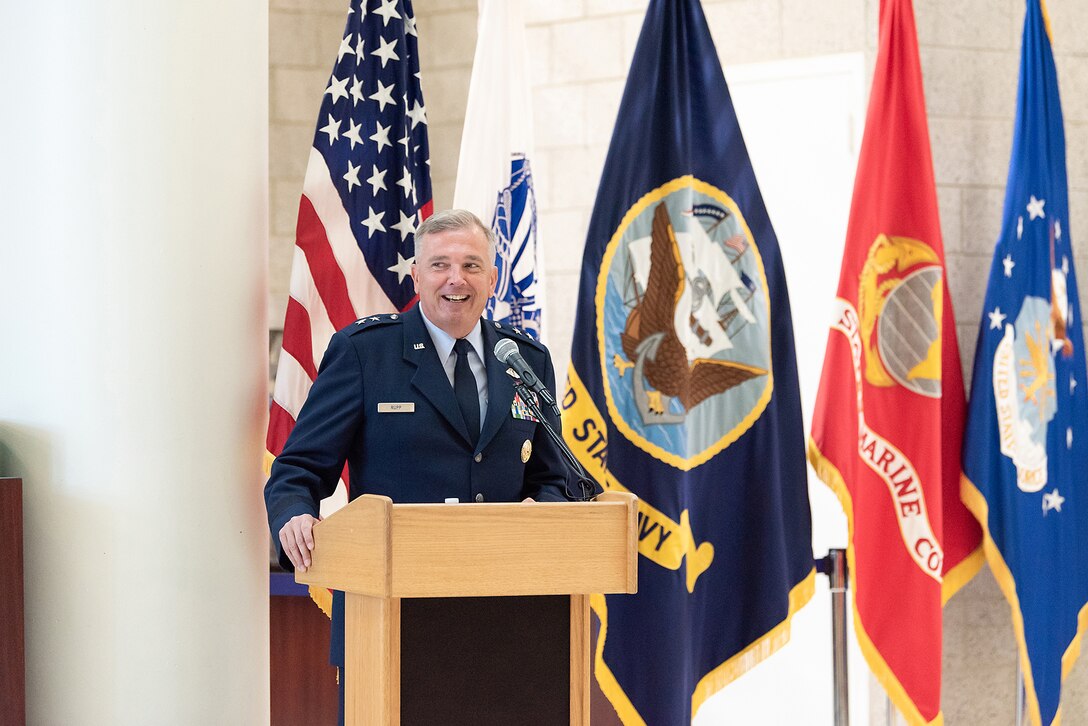 Guest speaker Maj. Gen. Ricky Rupp (male) delivers opening remarks during the 72nd Air Force Birthday Celebration, Sept. 12.