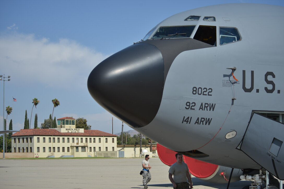 Airmen from Fairchild Air Force Base, Washington, prepare a KC-135 Stratotanker for its stay at March Air Reserve Base, California, Sept. 4, 2019. Due to the number of aircraft at Fairchild during the Mobility Guardian 2019 exercise, the 92nd Air Refueling Wing sent a dozen of their tankers to March ARB to continue training and meeting global taskings.
(U.S. Air Force photo by Airman 1st Class Ryan Gomez)