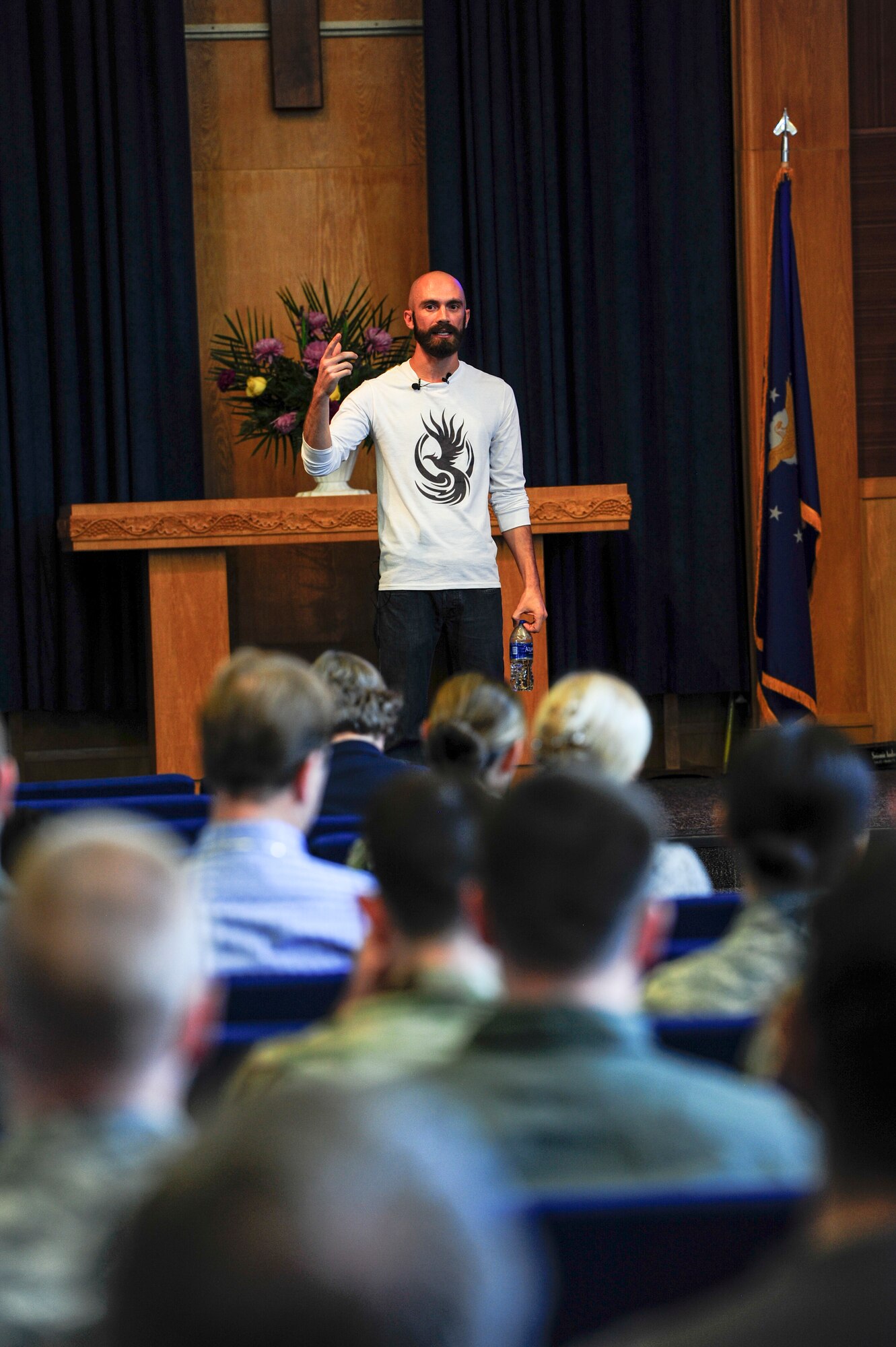 Andrew O’Brien, an Iraq War veteran and public speaker, shares his message of recreating a positive life from negative experiences at Joint Base San Antonio-Randolph, Texas, Sept. 10, 2019.  O’Brien endured a brutal childhood, testified against his mother during her murder trial and tried to end his own life; with this speaking engagement he shared his resilience and forgiveness to an audience of military members and civilians.