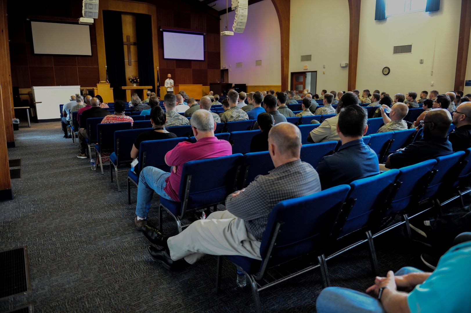 Joint Base San Antonio members gather inside the Religious Activity Center at JBSA-Randolph Sept. 10, 2019, to listen to Andrew O’Brien, an Iraq War veteran, share his story about overcoming a brutal childhood, testifying against his mother during her murder trial and attempting to end his own life. The Randolph mental health clinic invited O’Brien to share his experience as part of Suicide Awareness and Prevention Month activities.