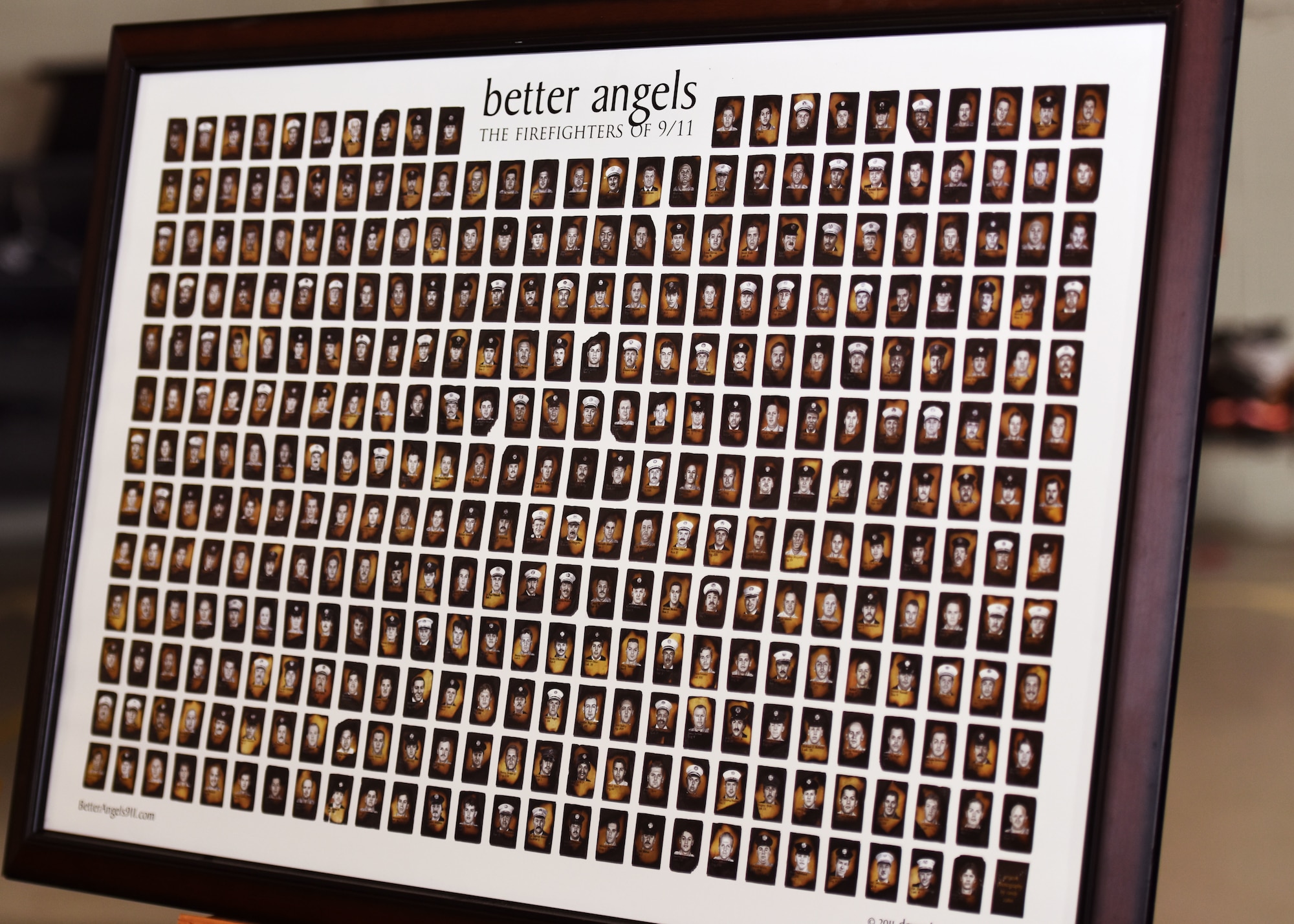 The portraits of 343 firefighters who laid down their lives for others during the tragic events of 9/11 displayed during the Firefighter Remembrance Ceremony held at the Department of Defense Louis F. Garland Fire Academy at Goodfellow Air Force Base, Texas, Sept. 11, 2019. Of the nearly 3,000 victims killed in the collapse, 343 were firefighters, 37 were Port Authority Police Officers, 23 were New York City Police Officers, 8 were emergency medical technicians and 1 patrolman from the New York Fire Patrol. (U.S. Air Force photo by Senior Airman Seraiah Wolf/Released)