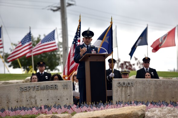 U.S. Air Force Col. Andres Nazario, 17th Training Wing commander, speaks during the 9/11 Memorial Ceremony at the San Angelo Fine Arts Museum in San Angelo, Texas, Sept. 11, 2019. Nazario reminded the attendees how it is American’s responsibility to remember the events of that day and to honor those who gave their lives. (U.S. Air Force photo by Senior Airman Seraiah Wolf/Released)