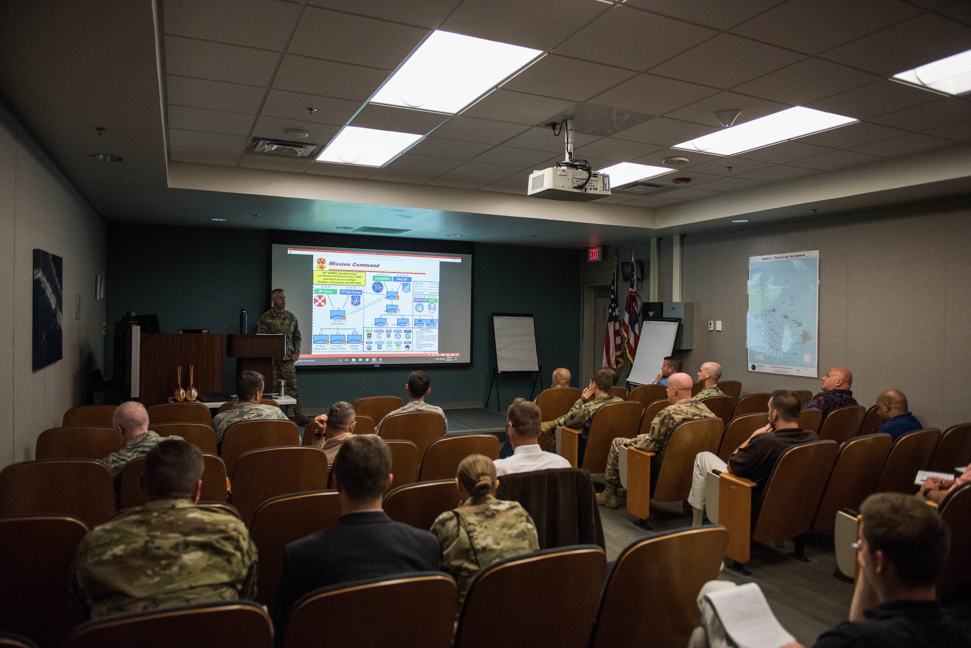 U.S. Army Col. Matt Rauscher, 94th Army Air and Missile Defense Command deputy commander, speaks to participants of the Integrated Air and Missile Defense Center summit, hosted by the Pacific IAMD Center at the Hawaii Air National Guard Headquarters building, Joint Base Pearl Harbor-Hickam, Hawaii, Sept. 10, 2019. During the three-day conference, 30 participants received briefings on regional and global threats, emerging U.S. integrated air and missile defense capabilities, and were updated by the different Integrated Air and Missile Defense Centers around the globe. (U.S. Air Force photo by Staff Sgt. Hailey Haux)