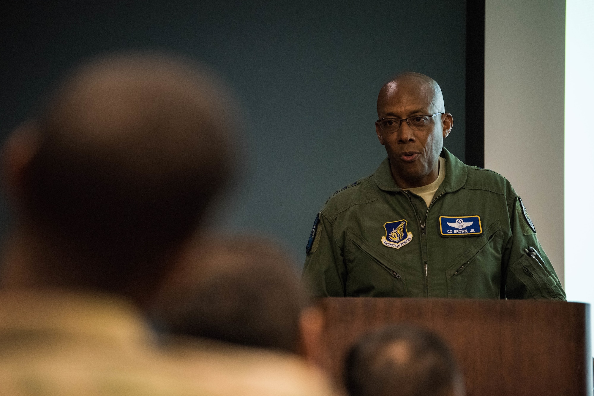 Gen. CQ Brown, Jr., Pacific Air Forces commander, talks to participants of the Integrated Air and Missile Defense Center summit, hosted by the Pacific IAMD Center at the Hawaii Air National Guard Headquarters building, Joint Base Pearl Harbor-Hickam, Hawaii, Sept. 11, 2019. The purpose of the event – in its fifth iteration – is to provide a forum to exchange information, share lessons learned and best practices across the three Integrated Air and Missile Defense Centers across the Department of Defense. (U.S. Air Force photo by Staff Sgt. Hailey Haux)