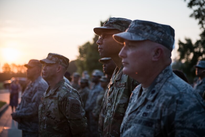 Team Scott members honor those killed during the tragic events of September 11, 2001 during a memorial reveille, Sept. 11, 2019, Scott Air Force Base, Illinois. Jennifer Welch who was in the Pentagon when the attacks occurred was the guest speaker for the event.  (U.S. Air Force photo by Master Sgt. Christopher Parr)