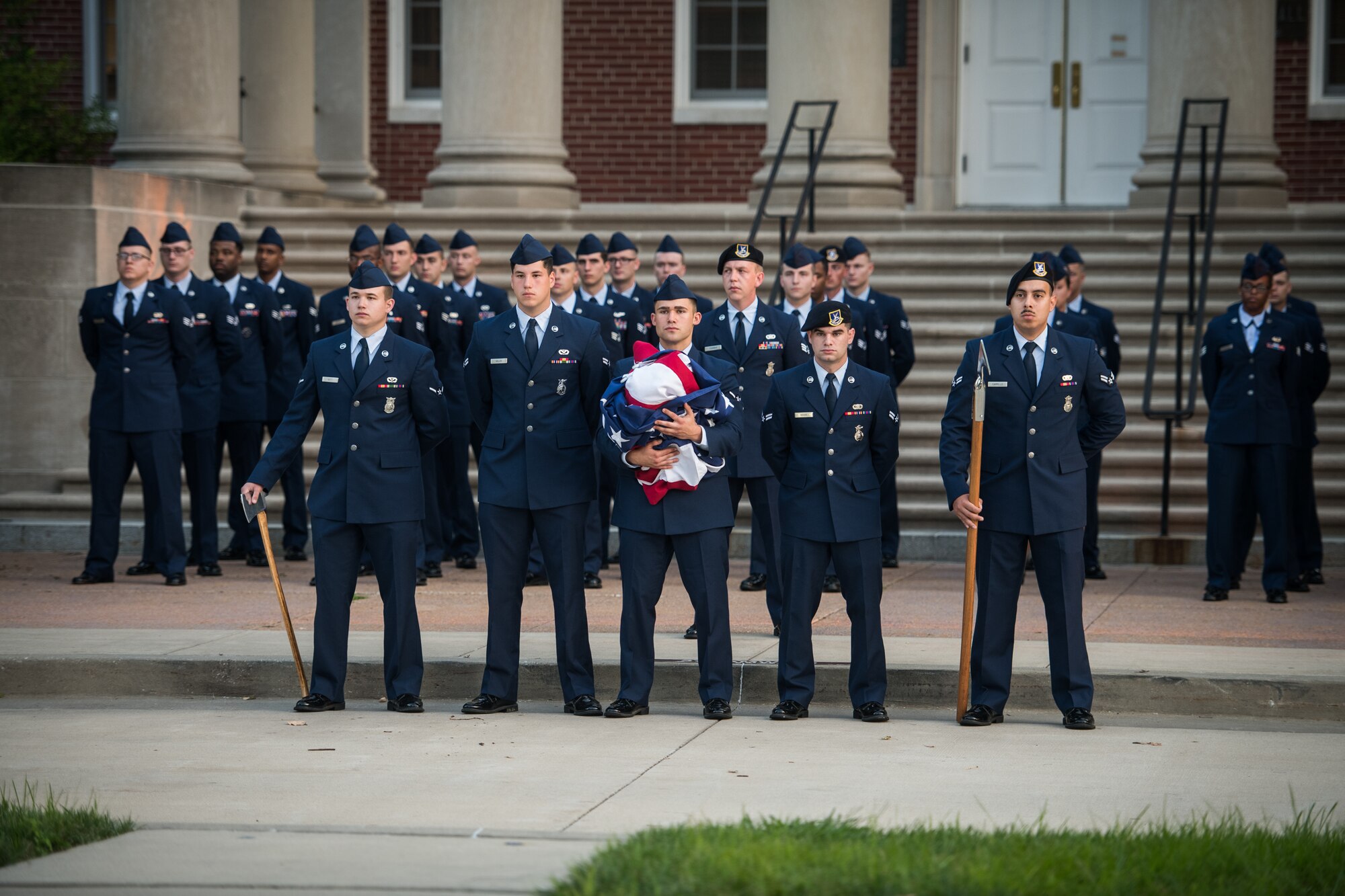 Team Scott members honor those killed during the tragic events of September 11, 2001 during a memorial reveille, Sept. 11, 2019, Scott Air Force Base, Illinois. Jennifer Welch who was in the Pentagon when the attacks occurred was the guest speaker for the event.  (U.S. Air Force photo by Master Sgt. Christopher Parr)