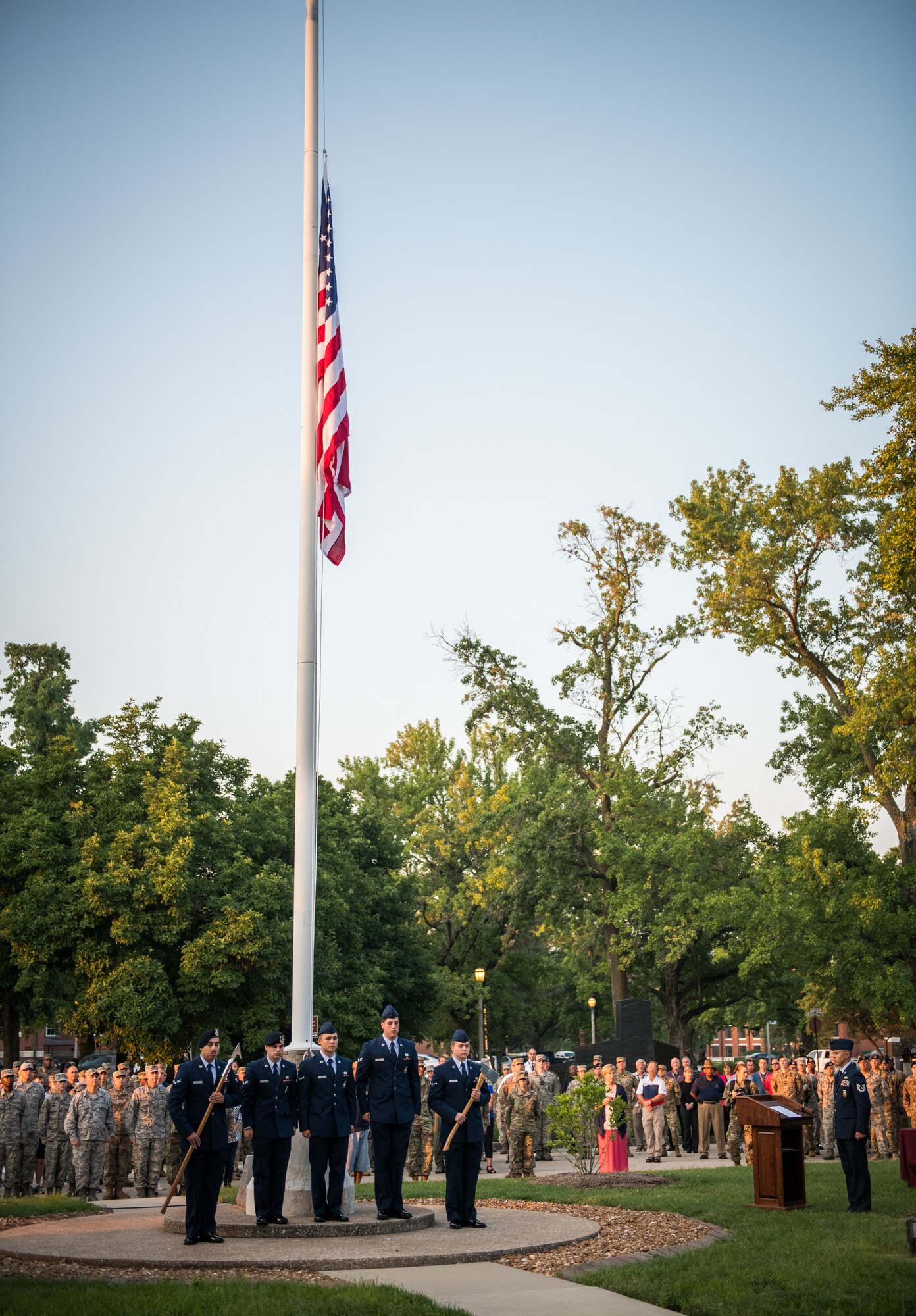 Team Scott members honor those killed during the tragic events of September 11, 2001 during a memorial reveille, Sept. 11, 2019, Scott Air Force Base, Illinois. Jennifer Welch who was in the Pentagon when the attacks occurred was the guest speaker for the event.  (U.S. Air Force photo by Master Sgt. Christopher Parr)