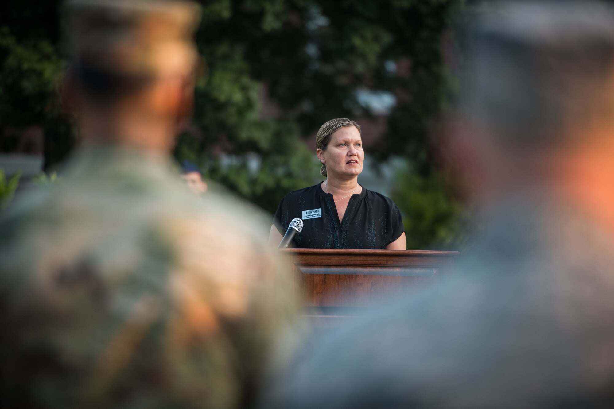 Team Scott members honor those killed during the tragic events of September 11, 2001 during a memorial reveille, Sept. 11, 2019, Scott Air Force Base, Illinois. Jennifer Welch who was in the Pentagon when the attacks occurred was the guest speaker for the event.  (U.S. Air Force photo by Master Sgt. Christopher Parr)