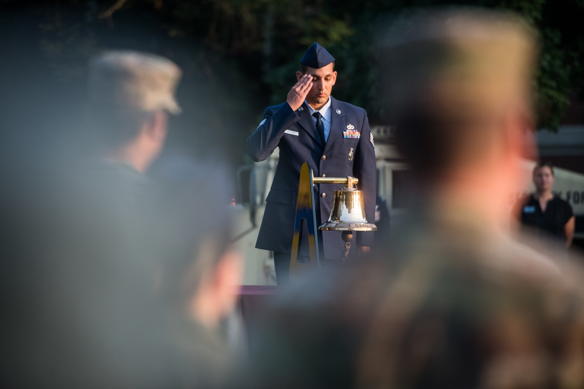 Team Scott members honor those killed during the tragic events of September 11, 2001 during a memorial reveille, Sept. 11, 2019, Scott Air Force Base, Illinois. Jennifer Welch who was in the Pentagon when the attacks occurred was the guest speaker for the event.  (U.S. Air Force photo by Master Sgt. Christopher Parr)