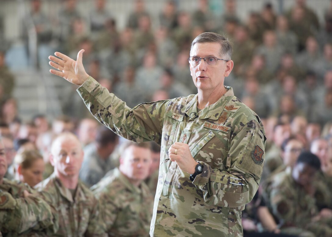 Gen. Tim Ray, Commander, Air Force Global Strike Command, answers a question from the audience at an All-Call on September 11, 2019, at Whiteman Air Force Base, Missouri. Gen. Ray engaged with Airmen on topics of resiliency, leadership, and the future of Air Force Global Strike Command,  (U.S. Air Force Photo by Airman 1st Class Thomas Johns.)