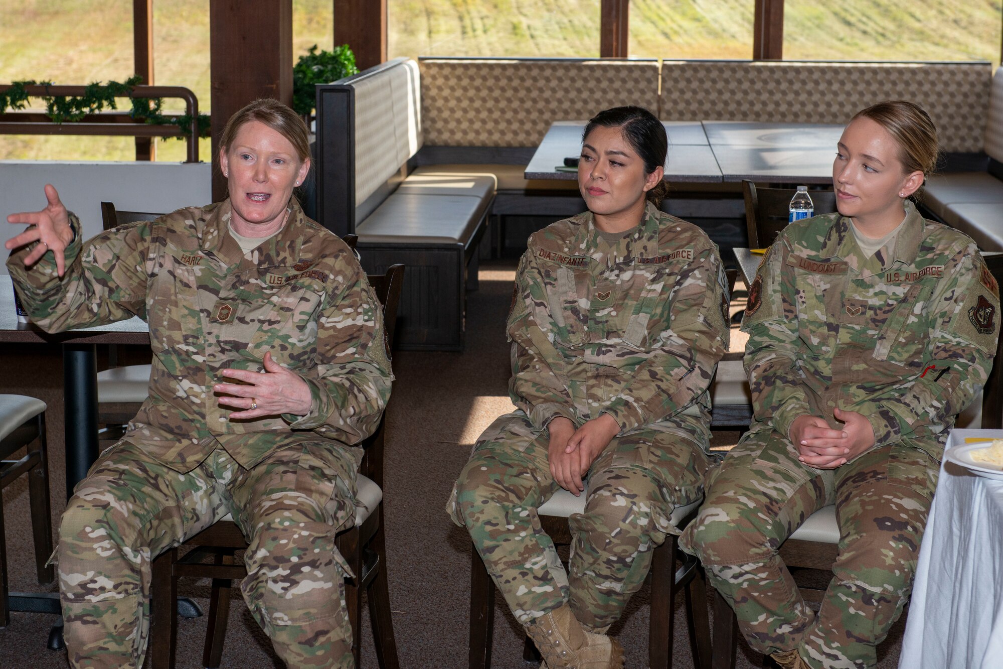 U.S. Air Force Chief Master Sgt. Tamala Hartz, Air Force security forces career field manager, talks to 673d Security Forces Squadron Airmen during a Defender Performance Optimization summit at Joint Base Elmendorf-Richardson, Alaska, Sept. 11, 2019. Hartz visited JBER to receive feedback on recent changes and to see the 673d SFS’s innovation initiatives.