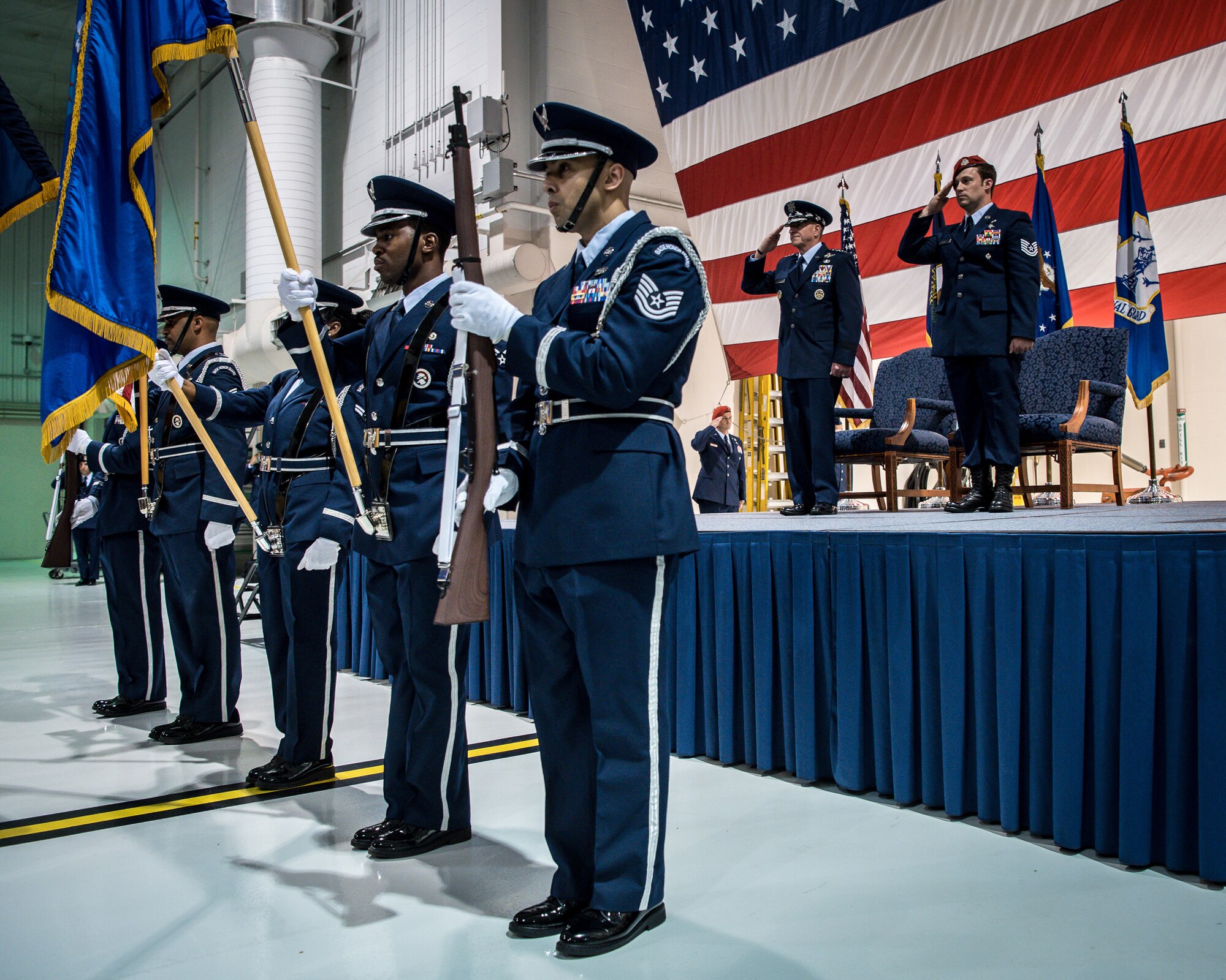 The 123rd Airlift Wing Honor Guard presents the colors during a ceremony at the Kentucky Air National Guard Base in Louisville, Ky, Aug.13, 2019, to bestow the Air Force Cross on Tech. Sgt. Daniel Keller, a combat controller in the 123rd Special Tactics Squadron. Keller earned the award — second only to the Medal of Honor — for valor on the battlefield in Afghanistan. (U.S. Air National Guard photo by Staff Sgt. Joshua Horton)