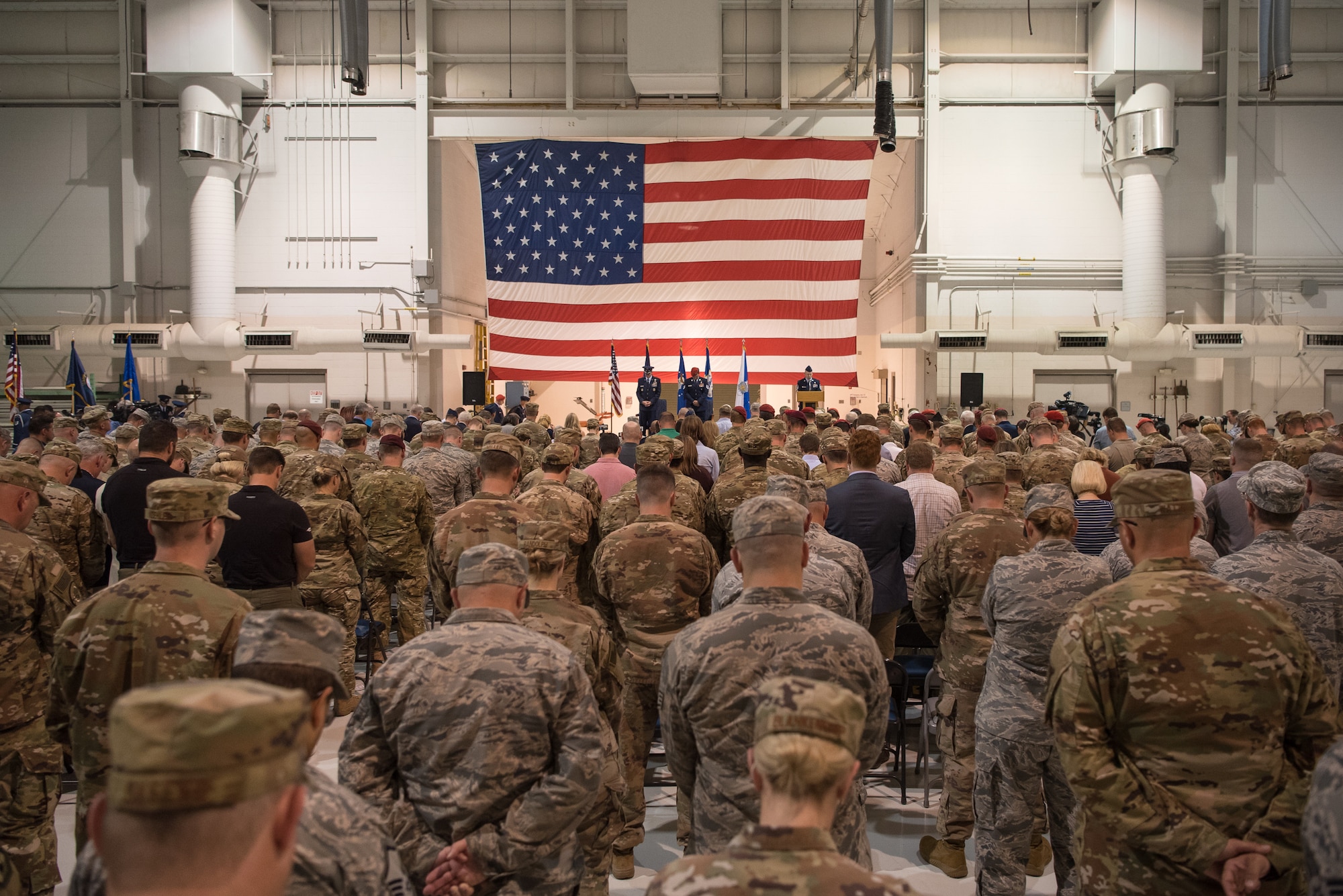 More than 400 Airmen and family members attend an award ceremony at the Kentucky Air National Guard Base in Louisville, Ky, Aug.13, 2019, to bestow the Air Force Cross on Tech. Sgt. Daniel Keller, a combat controller in the 123rd Special Tactics Squadron. Keller earned the award — second only to the Medal of Honor — for valor on the battlefield in Afghanistan. (U.S. Air National Guard photo by Staff Sgt. Joshua Horton)