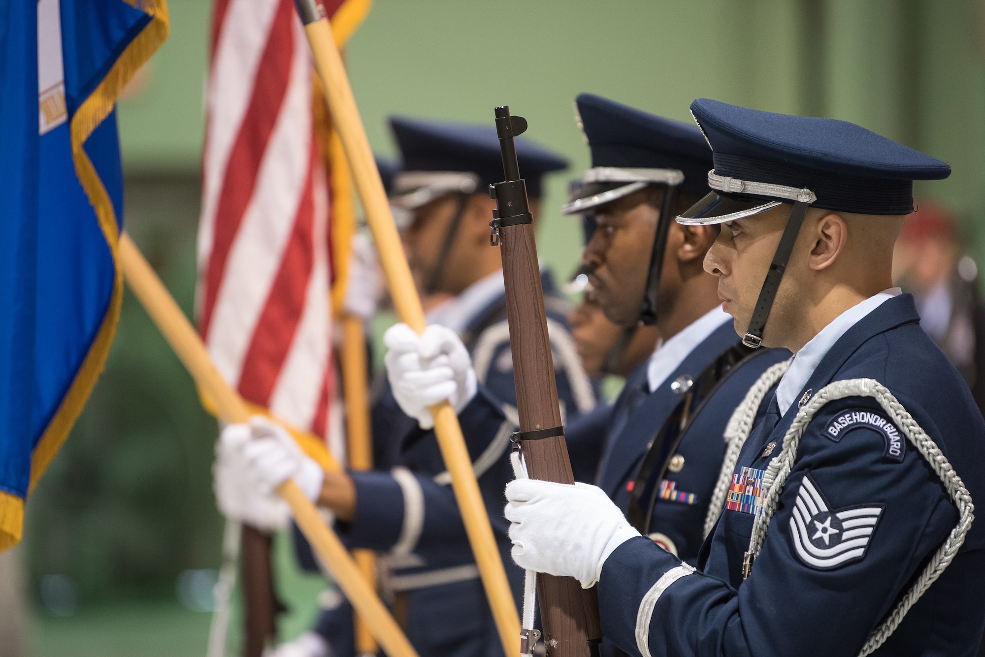 The 123rd Airlift Wing Honor Guard presents the colors during a ceremony at the Kentucky Air National Guard Base in Louisville, Ky, Aug.13, 2019, to bestow the Air Force Cross on Tech. Sgt. Daniel Keller, a combat controller in the 123rd Special Tactics Squadron. Keller earned the medal for valor on the battlefield in Afghanistan. (U.S. Air National Guard photo by Staff Sgt. Joshua Horton)