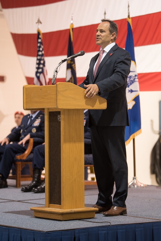 Kentucky Gov. Matt Bevin speaks to 400 Airmen and family members during an award ceremony at the Kentucky Air National Guard Base in Louisville, Ky, Aug.13, 2019. At the ceremony, Air Force Chief of Staff Gen. David L. Goldfein presented Tech. Sgt. Daniel Keller, a combat controller in the 123rd Special Tactics Squadron, with the Air Force Cross, which Keller earned for valor on the battlefield in Afghanistan. (U.S. Air National Guard photo by Staff Sgt. Joshua Horton)