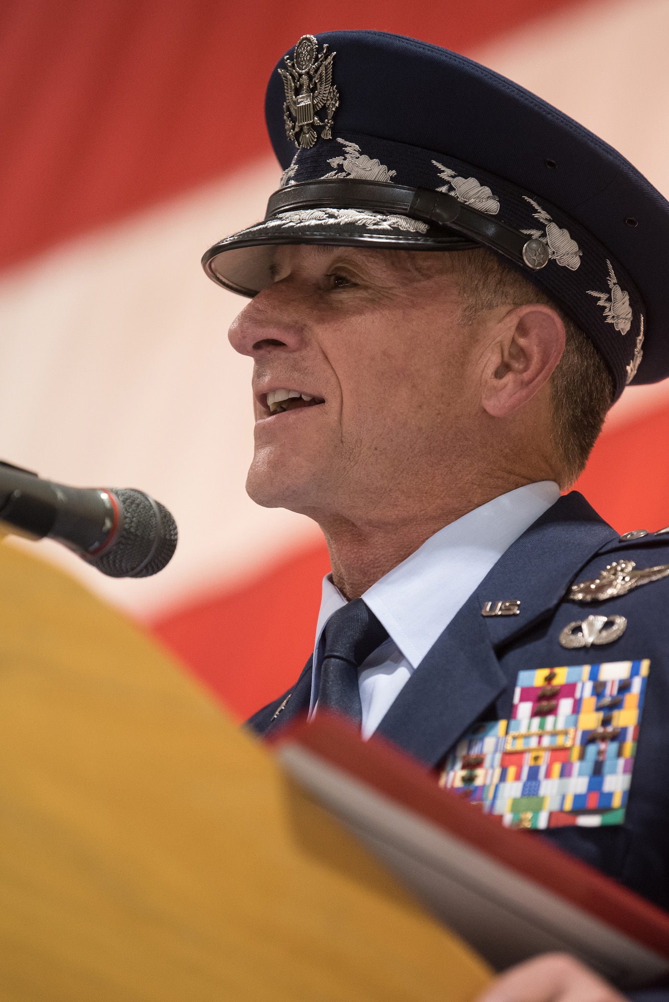Air Force Chief of Staff Gen. David L. Goldfein speaks to 400 Airmen and family members during an award ceremony at the Kentucky Air National Guard Base in Louisville, Ky, Aug.13, 2019. At the ceremony, Goldfein presented Tech. Sgt. Daniel Keller, a combat controller in the 123rd Special Tactics Squadron, with the Air Force Cross, which Keller earned for valor on the battlefield in Afghanistan. (U.S. Air National Guard photo by Staff Sgt. Joshua Horton)