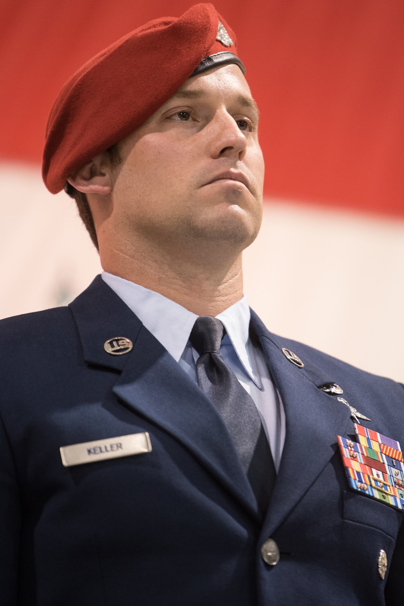 Tech. Sgt. Daniel Keller, a combat controller in the 123rd Special Tactics Squadron, stands at attention during an award ceremony at the Kentucky Air National Guard Base in Louisville, Ky, Aug.13, 2019. At the ceremony, Air Force Chief of Staff Gen. David L. Goldfein presented Keller with the Air Force Cross, which Keller earned for valor on the battlefield in Afghanistan. (U.S. Air National Guard photo by Staff Sgt. Joshua Horton)