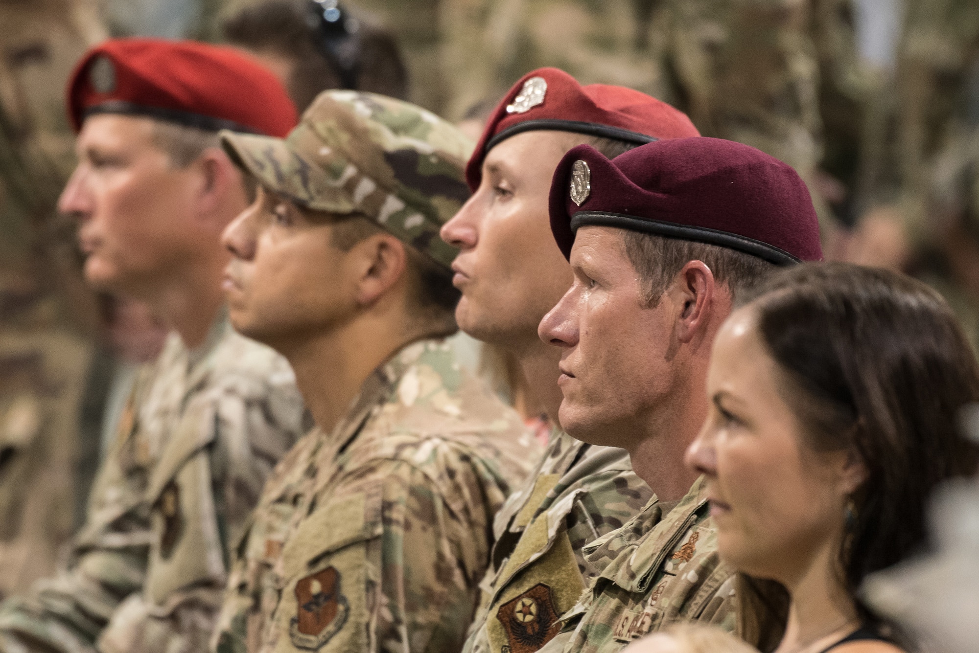 Members of the 123rd Special Tactics Squadron attend a ceremony at the Kentucky Air National Guard Base in Louisville, Ky, Aug.13, 2019, to bestow the Air Force Cross on Tech. Sgt. Daniel Keller, a combat controller from the same unit. Keller earned the medal for valor on the battlefield in Afghanistan. (U.S. Air National Guard photo by Dale Greer)