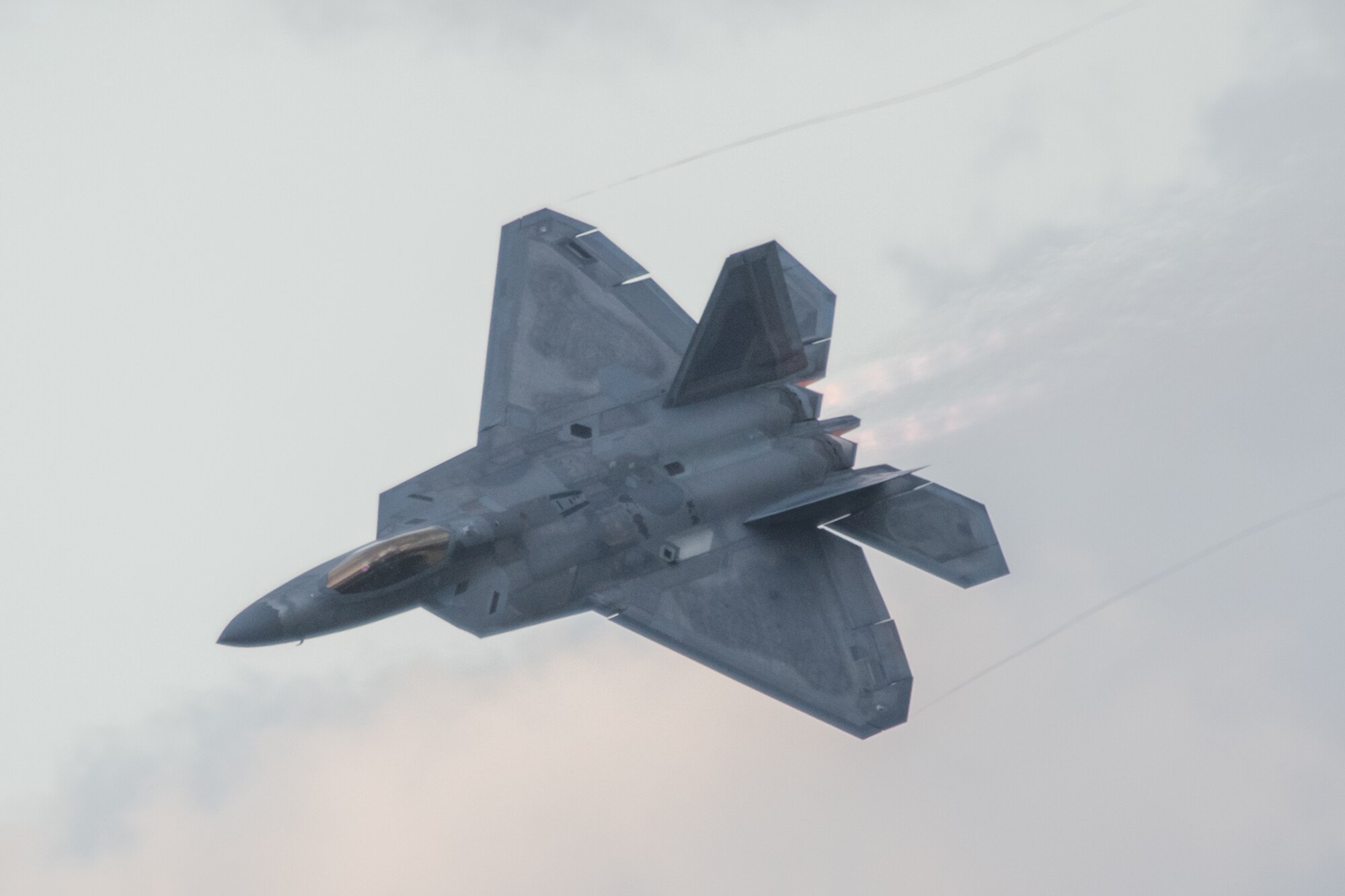 An F-22 Raptor performs a high-speed flyover during the 2019 Thunder Over Dover Air Show, Sept. 13, 2019, at Dover Air Force Base, Del. The F-22 Raptor Demo Team travels to air shows showcasing the capabilities of the world’s premier 5th generation fighter. (U.S. Air Force photo by Mauricio Campino)