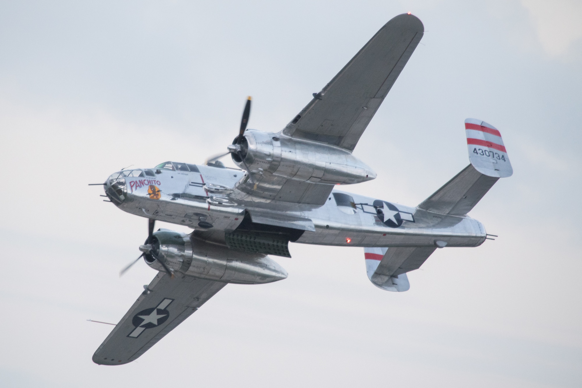 A World War II era B-25 Mitchell “Panchito” bomber flies over the crowd during the 2019 Thunder Over Dover Air Show, Sept. 13, 2019, at Dover Air Force Base, Del. The show featured aerial performances from military and civilian aircraft. (U.S. Air Force photo by Mauricio Campino)