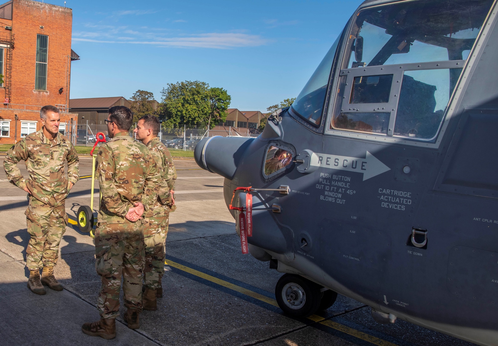 U.S. Army Gen. Richard D. Clarke, United States Special Operations Command commander, speaks with flying crew chiefs assigned to the 352nd Special Operations Wing at RAF Mildenhall, England, Sept. 12, 2019. This year, marked the 352nd SOW's first time in Air Force history, to stand up a CV-22 flying crew chief program.