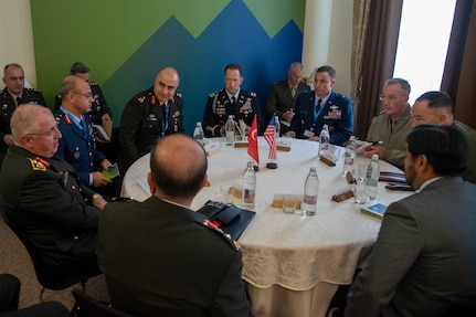 Marine Corps Gen. Joe Dunford, chairman of the Joint Chiefs of Staff, meets with Turkish Army Gen. Yaşar Güler, Chief of the General Staff of the Republic of Turkey, for a bilateral meeting during a break in sessions at the North Atlantic Treaty Organization Military Committee Conference in Ljubljana, Slovenia, Sept. 14, 2019.