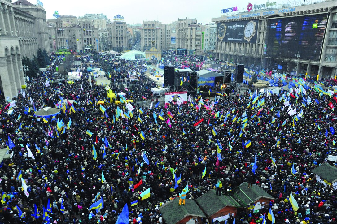 "Euromaidan demonstrations in Kiev in 2013. To prevent or discourage such ""color revolutions"" and maintain control over its arc of influence, Russia has developed a suite of sophisticated coercive and influence techniques often referred to as "hybrid." (Wikimedia/ Mstyslav Chernov)."