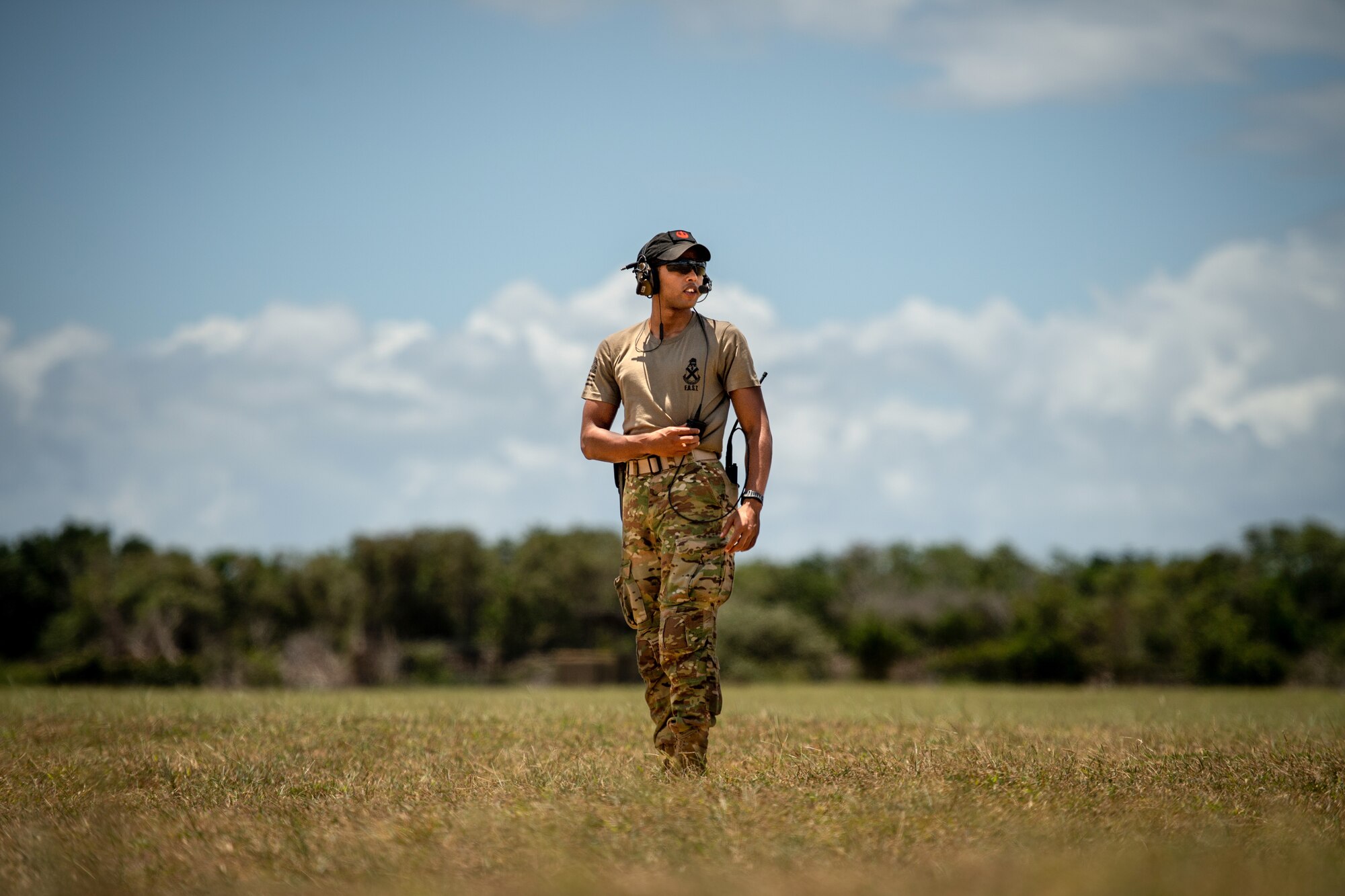 U.S. Army Private First Class Ponce De Leon Allen Camden, 2-113th Infantry fly away security member, pulls security for a 75th Expeditionary Airlift Squadron operation at Camp Simba, Kenya, Aug. 26, 2019. The Army unit travels with the 75th Expeditionary Airlift Squadron as a joint service effort to ensure the safety of Air Force assets during operations. (U.S. Air Force photo by Staff Sgt. Devin Boyer)