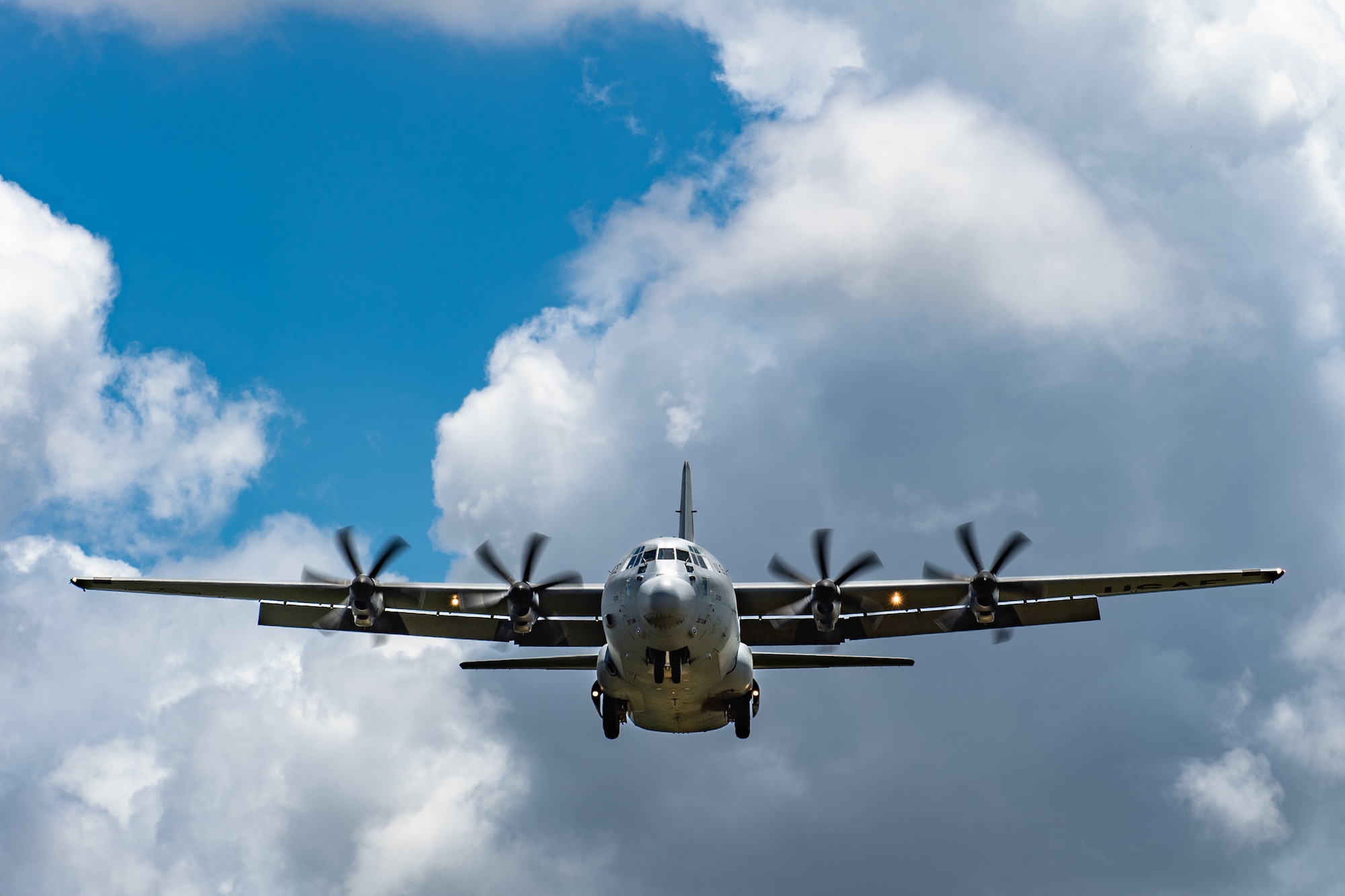 A U.S. Air Force C-130J Super Hercules approaches for landing at Camp Simba, Kenya, Aug. 26, 2019. The aircrew, assigned to the 75th Expeditionary Airlift Squadron, transport cargo and personnel for the 475th Expeditionary Air Base Squadron at Camp Simba. (U.S. Air Force photo by Staff Sgt. Devin Boyer)