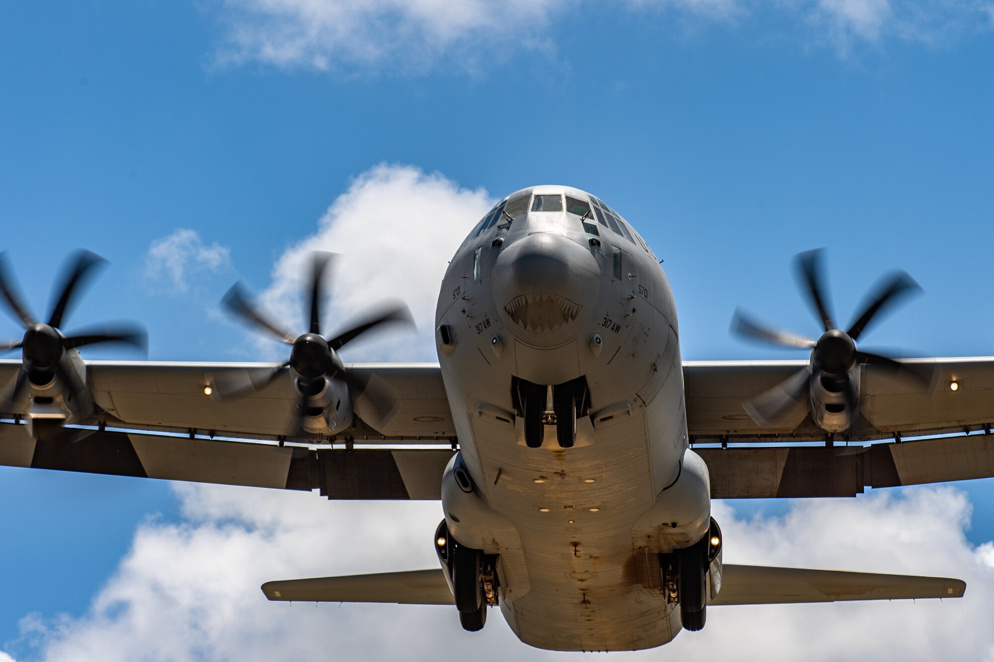 A U.S. Air Force C-130J Super Hercules approaches for landing at Camp Simba, Kenya, Aug. 26, 2019. The aircrew, assigned to the 75th Expeditionary Airlift Squadron, transport cargo and personnel for the 475th Expeditionary Air Base Squadron at Camp Simba. (U.S. Air Force photo by Staff Sgt. Devin Boyer)