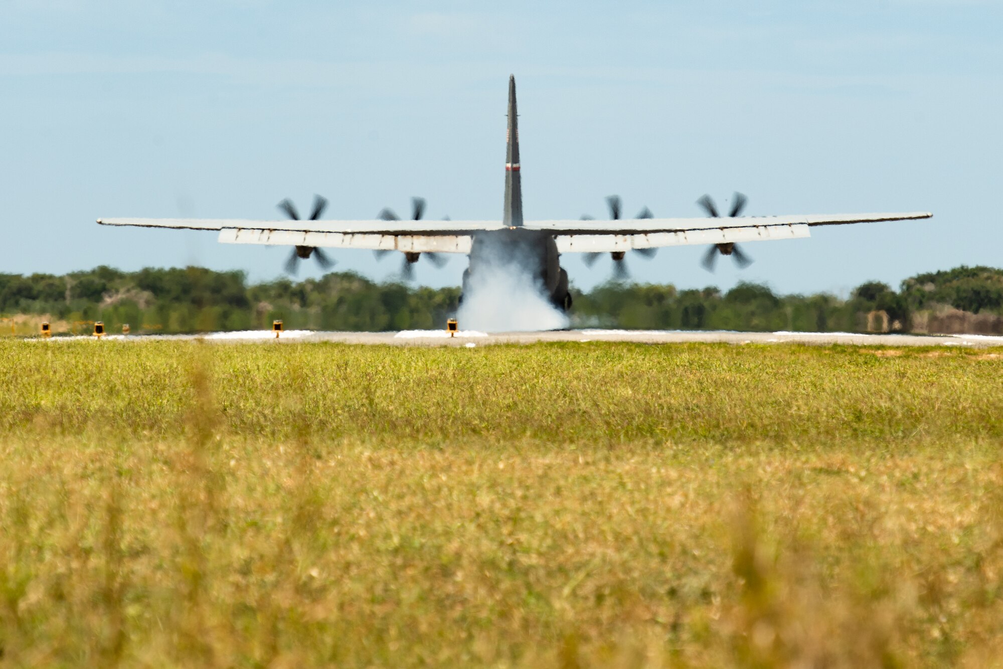 A U.S. Air Force C-130J Super Hercules lands at Camp Simba, Kenya, Aug. 26, 2019. The aircrew, assigned to the 75th Expeditionary Airlift Squadron, transport cargo and personnel for the 475th Expeditionary Air Base Squadron at Camp Simba. (U.S. Air Force photo by Staff Sgt. Devin Boyer)