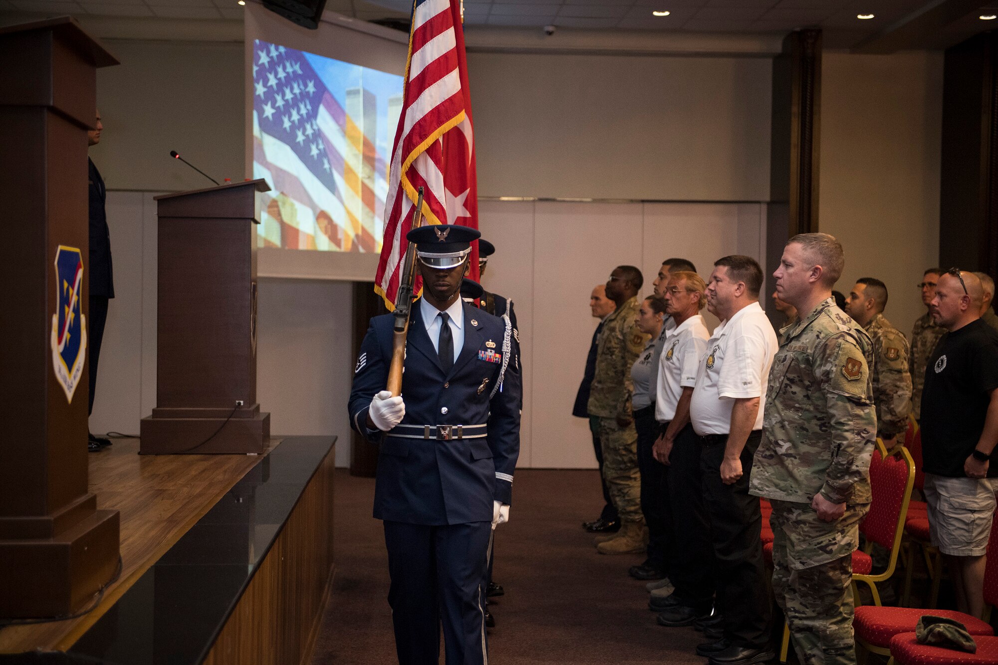 The 39th Air Base Wing Honor Guard present the colors during a 9/11 remembrance ceremony Sept. 11, 2019, at Incirlik Air Base, Turkey. The ceremony commemorated the men and women killed during the attacks on the World Trade Center and the Pentagon. (U.S. Air Force photo by Staff Sgt. Ceaira Tinsley)