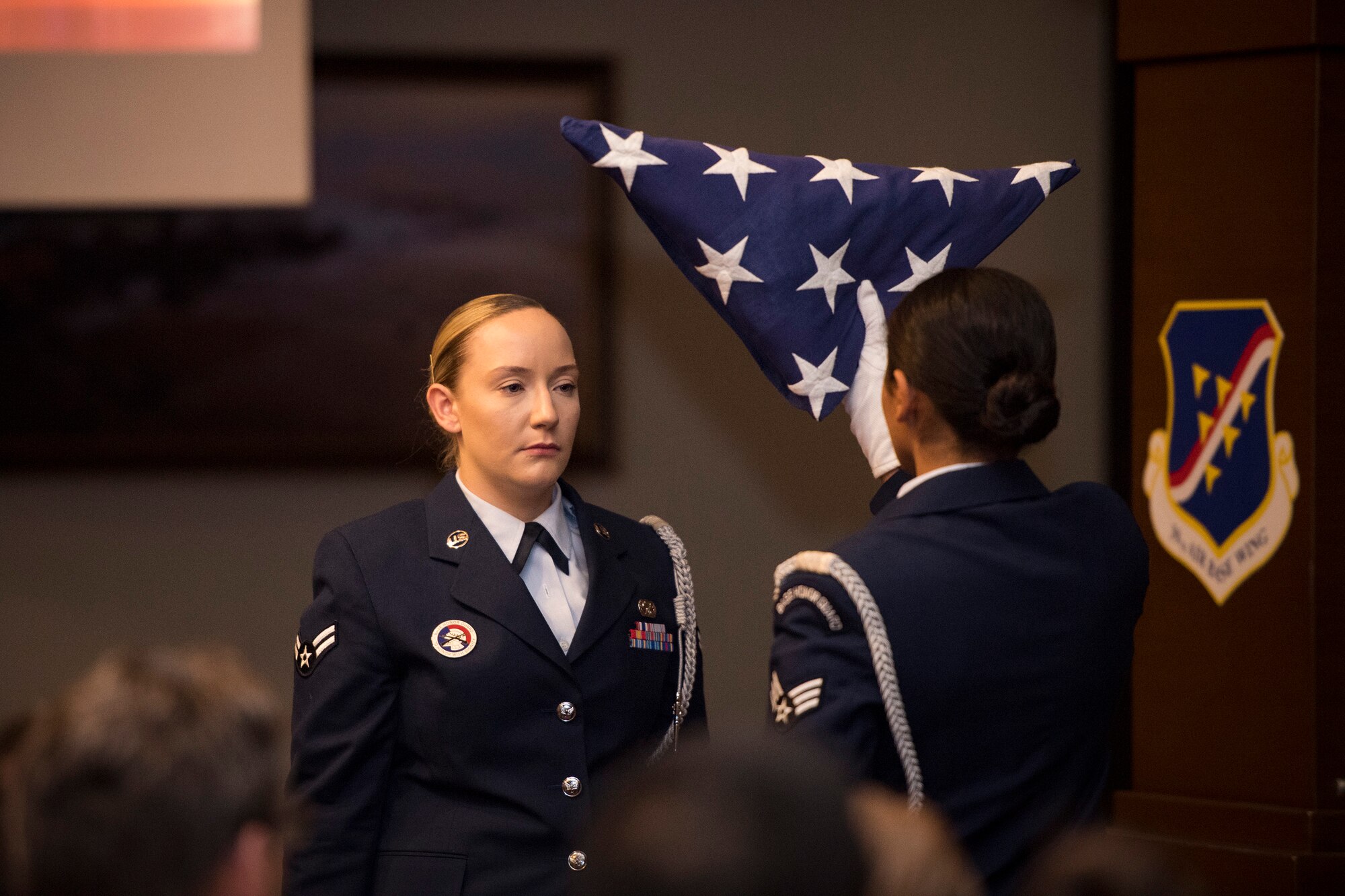 Members of the 39th Air Base Wing Honor Guard perform a ceremonial flag fold during a 9/11 remembrance ceremony Sept. 11, 2019, at Incirlik Air Base, Turkey. The ceremony was held to honor and remember the many lives who were lost that day and the thousands of lives lost fighting in the Global War on Terror. (U.S. Air Force photo by Staff Sgt. Ceaira Tinsley)