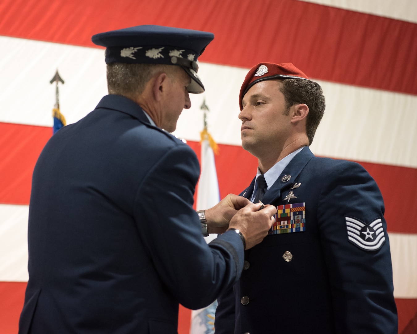 Air Force Chief of Staff Gen. David L. Goldfein (left) pins the Air Force Cross to the uniform of Tech. Sgt. Daniel Keller, a combat controller in the 123rd Special Tactics Squadron, during a ceremony at the Kentucky Air National Guard Base in Louisville, Ky, Aug.13, 2019. Keller earned the award — second only to the Medal of Honor — for valor on the battlefield in Afghanistan.