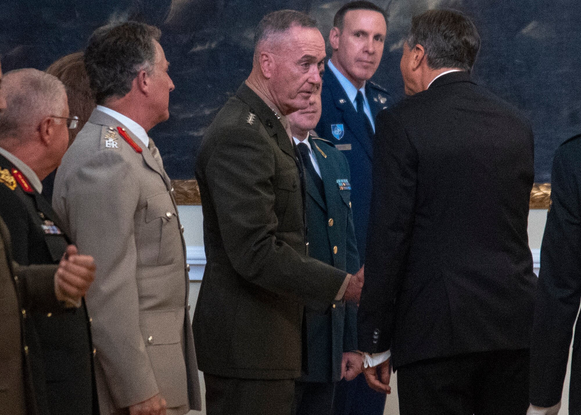 Marine Corps Gen. Joe Dunford, chairman of the Joint Chiefs of Staff, meets the President of the Republic of Slovenia Borut Pahor during the opening ceremony of the North Atlantic Treaty Organization Military Committee Conference at the National Gallery in Ljubljana, Slovenia,  Sept. 13, 2019.