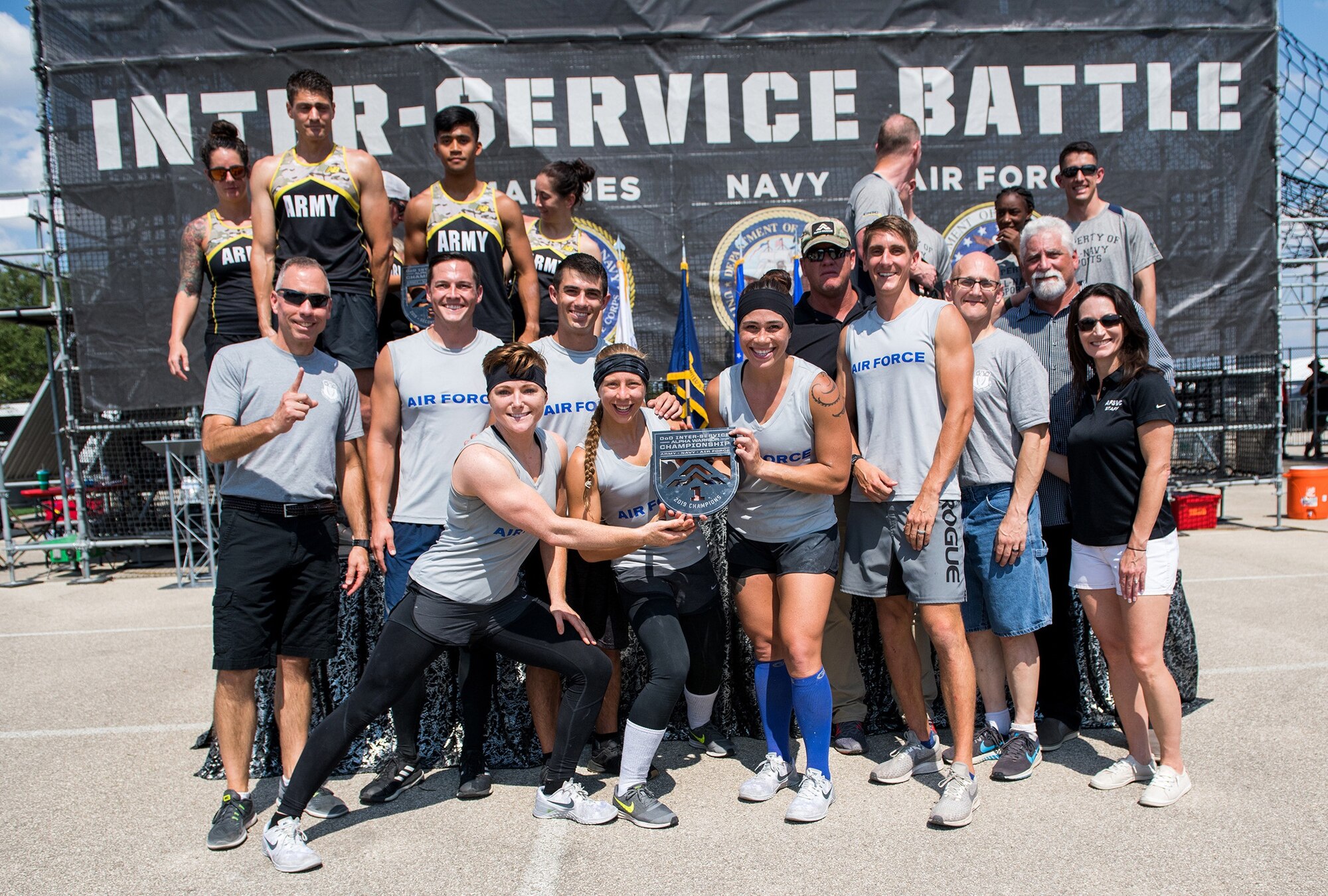 Air Force members pose for a photograph after winning the 2019 Alpha Warrior Inter-Service Battle Sept. 14, 2019, at the Alpha Warrior Proving Grounds, Selma, Texas. The Army came in second place and the Navy third place. The Air Force partnered with Alpha Warrior three years ago to deliver functional fitness training to Airmen and their families.