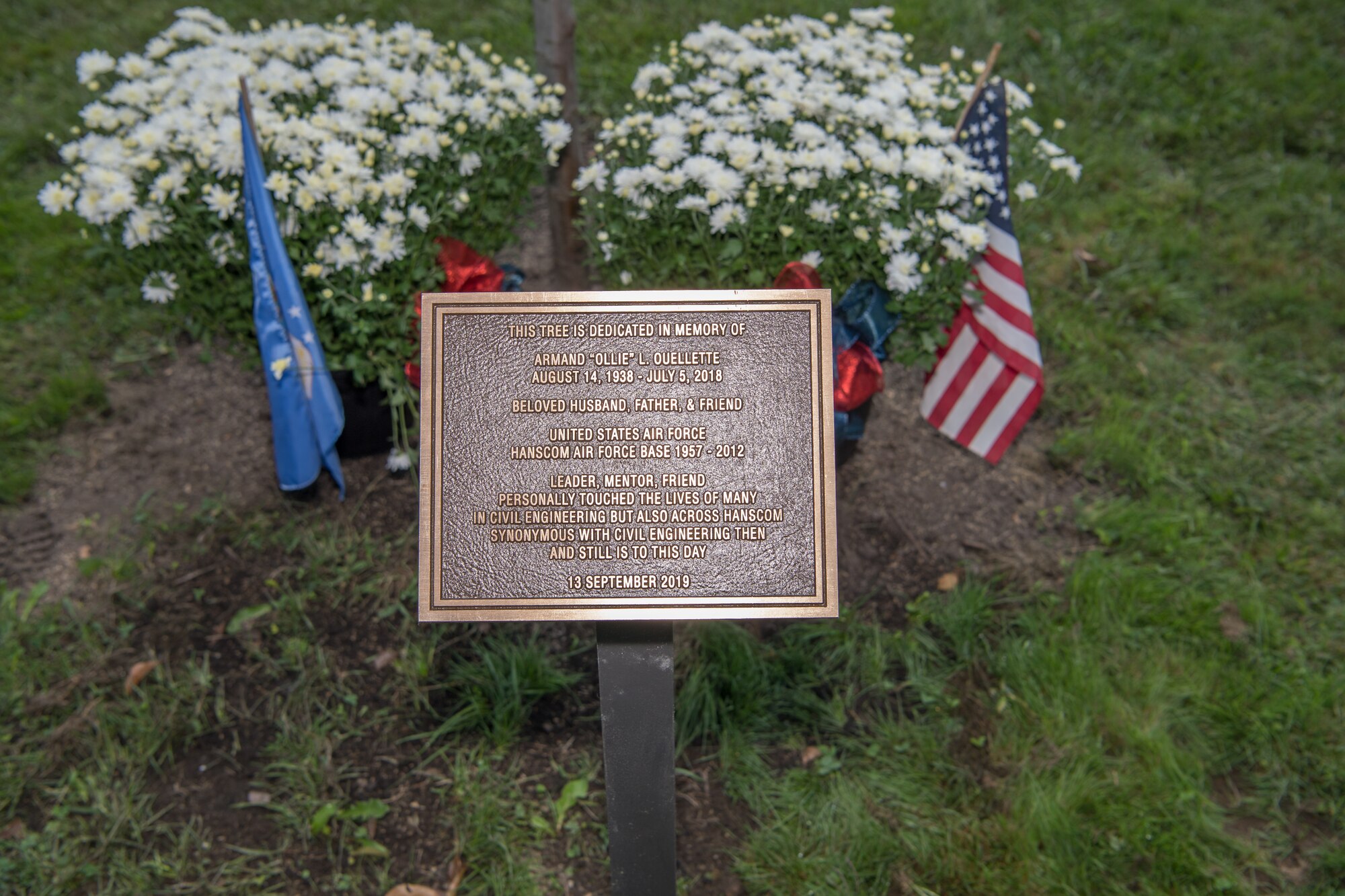 A bronze plaque honoring Armand "Ollie" Ouellette, former CE employee, is fixed at the base of a tree in Hanscom Heroes Memorial Park following a tree dedication ceremony in his name on Hanscom Air Force Base, Mass., Sept. 13, 2019. . Memorial Park, which opened in 1991, recognizes deceased members of the Hanscom community who had made a significant impact at the base. (U.S. Air Force photo by Jerry Saslav)