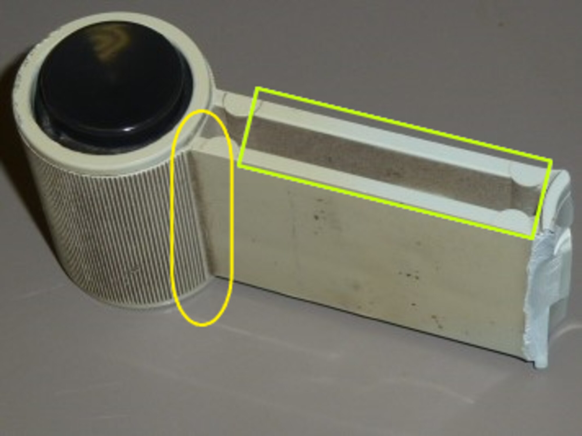 In AutoCAD, Paul Kurtz, an intern for the Test Operations and Sustainment Contractor at Arnold Air Force Base, modified the handle design to make it stronger, particularly at the joints. This photo shown highlights the weak points of the original handle. (U.S. Air Force photo)